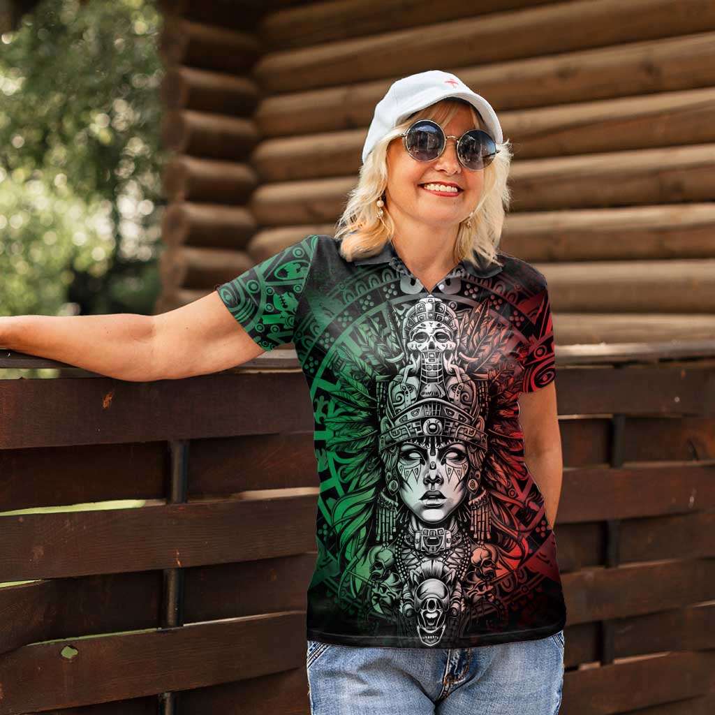 Mexico Aztec Warrior Goddess Women Polo Shirt Aztec Skull Tribal Calender Tricolor Spirit - Wonder Print Shop