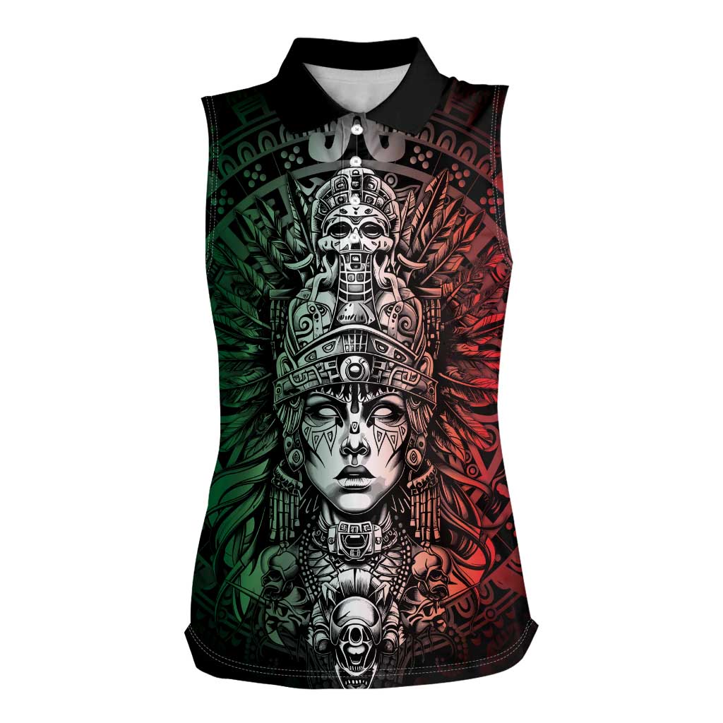 Mexico Aztec Warrior Goddess Women Sleeveless Polo Shirt Aztec Skull Tribal Calender Tricolor Spirit - Wonder Print Shop