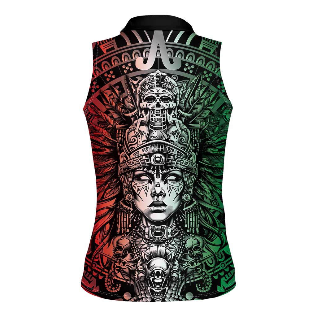 Mexico Aztec Warrior Goddess Women Sleeveless Polo Shirt Aztec Skull Tribal Calender Tricolor Spirit - Wonder Print Shop