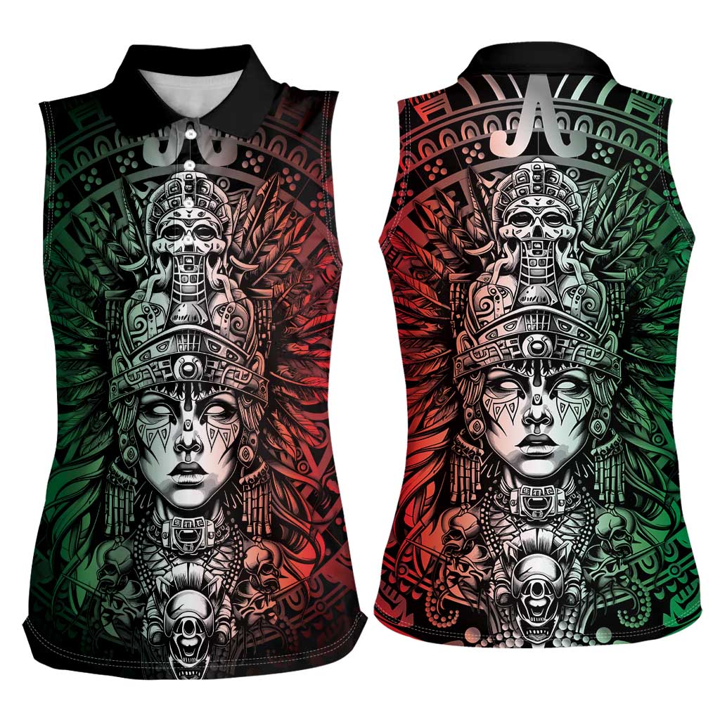 Mexico Aztec Warrior Goddess Women Sleeveless Polo Shirt Aztec Skull Tribal Calender Tricolor Spirit - Wonder Print Shop