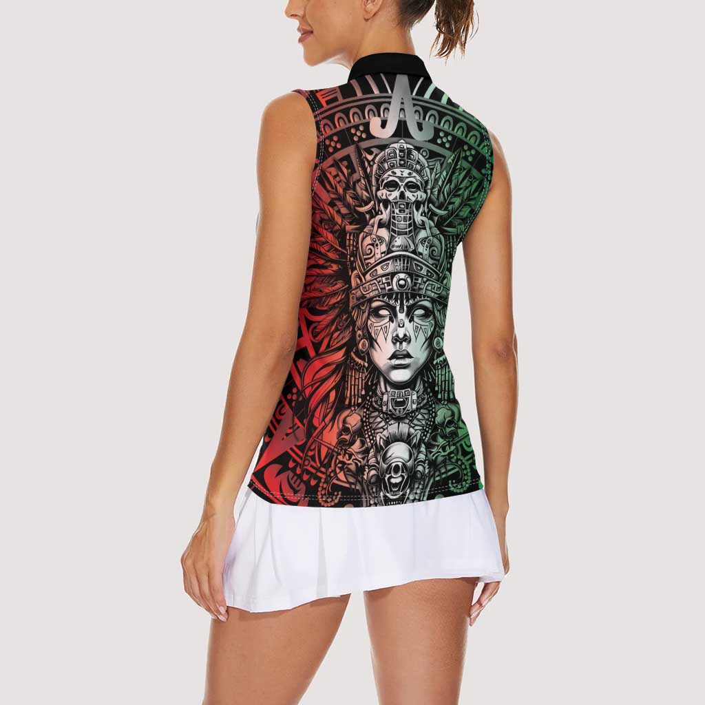 Mexico Aztec Warrior Goddess Women Sleeveless Polo Shirt Aztec Skull Tribal Calender Tricolor Spirit - Wonder Print Shop