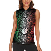 Mexico Aztec Warrior Goddess Women Sleeveless Polo Shirt Aztec Skull Tribal Calender Tricolor Spirit - Wonder Print Shop