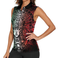 Mexico Aztec Warrior Goddess Women Sleeveless Polo Shirt Aztec Skull Tribal Calender Tricolor Spirit - Wonder Print Shop