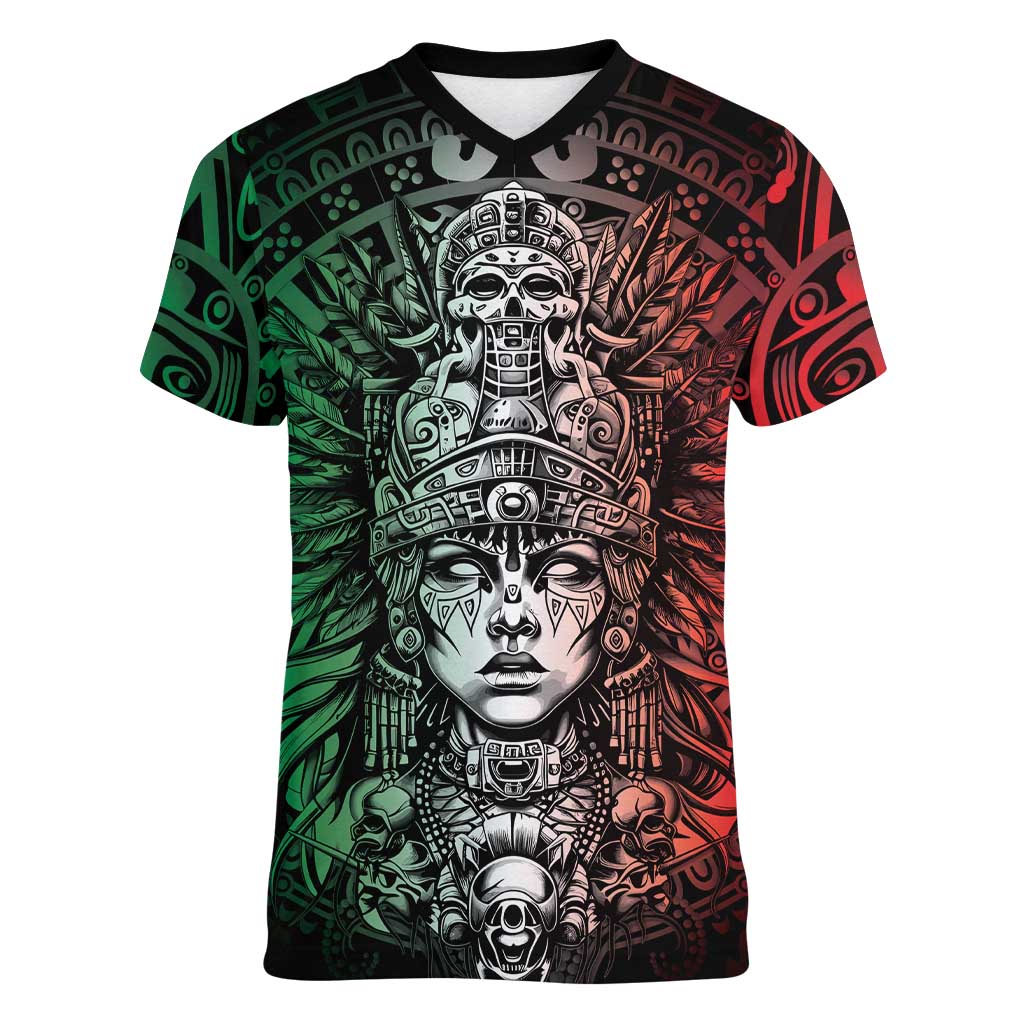 Mexico Aztec Warrior Goddess Women V-Neck T-Shirt Aztec Skull Tribal Calender Tricolor Spirit - Wonder Print Shop