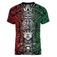 Mexico Aztec Warrior Goddess Women V-Neck T-Shirt Aztec Skull Tribal Calender Tricolor Spirit - Wonder Print Shop