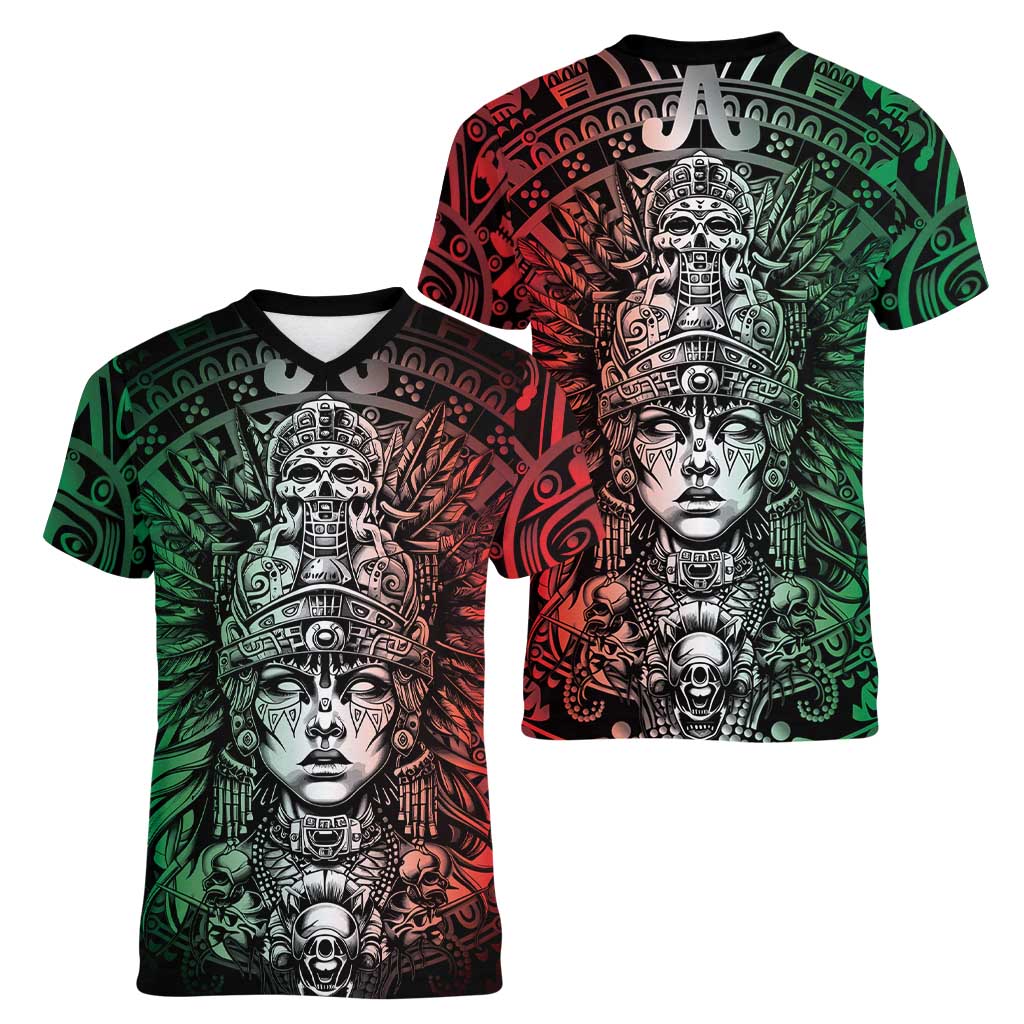 Mexico Aztec Warrior Goddess Women V-Neck T-Shirt Aztec Skull Tribal Calender Tricolor Spirit - Wonder Print Shop