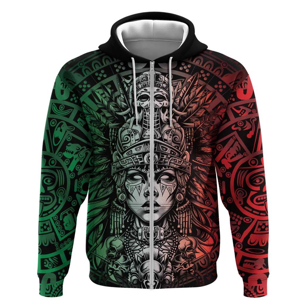 Mexico Aztec Warrior Goddess Zip Hoodie Aztec Skull Tribal Calender Tricolor Spirit - Wonder Print Shop