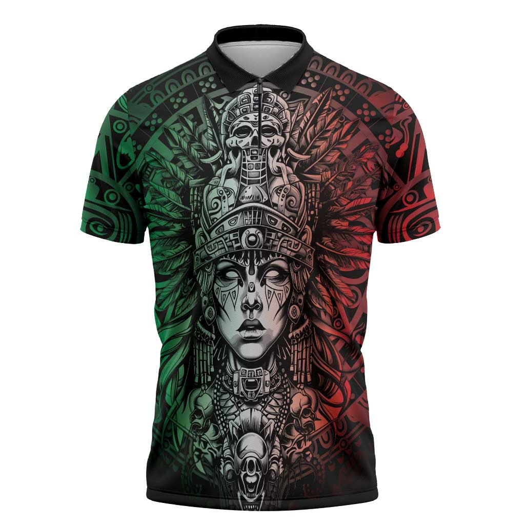 Mexico Aztec Warrior Goddess Zipper Polo Shirt Aztec Skull Tribal Calender Tricolor Spirit - Wonder Print Shop