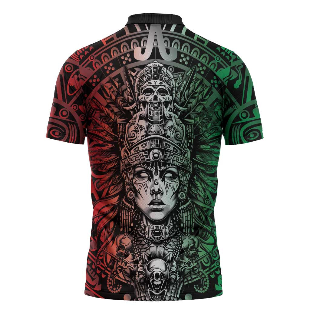 Mexico Aztec Warrior Goddess Zipper Polo Shirt Aztec Skull Tribal Calender Tricolor Spirit - Wonder Print Shop