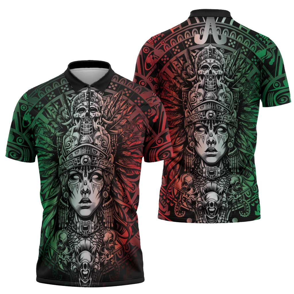 Mexico Aztec Warrior Goddess Zipper Polo Shirt Aztec Skull Tribal Calender Tricolor Spirit - Wonder Print Shop