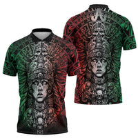 Mexico Aztec Warrior Goddess Zipper Polo Shirt Aztec Skull Tribal Calender Tricolor Spirit - Wonder Print Shop