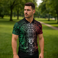 Mexico Aztec Warrior Goddess Zipper Polo Shirt Aztec Skull Tribal Calender Tricolor Spirit - Wonder Print Shop