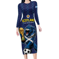 Custom World Football 2026 Scotland Long Sleeve Bodycon Dress Scottish Tartan Cupa na Cruinne Glory