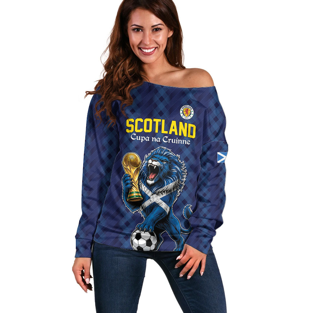 Custom World Football 2026 Scotland Off Shoulder Sweater Scottish Tartan Cupa na Cruinne Glory