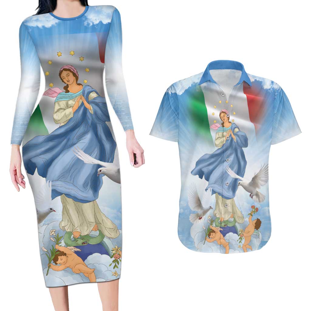 Italy Assumption Of Mary Couples Matching Long Sleeve Bodycon Dress and Hawaiian Shirt Blessed Virgin Mary Angel And Dove LT19