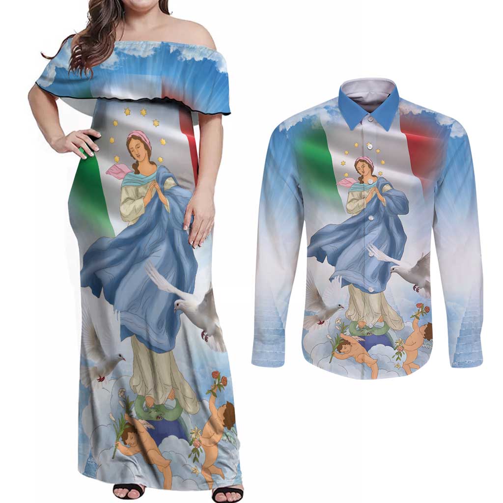 Italy Assumption Of Mary Couples Matching Off Shoulder Maxi Dress and Long Sleeve Button Shirt Blessed Virgin Mary Angel And Dove LT19