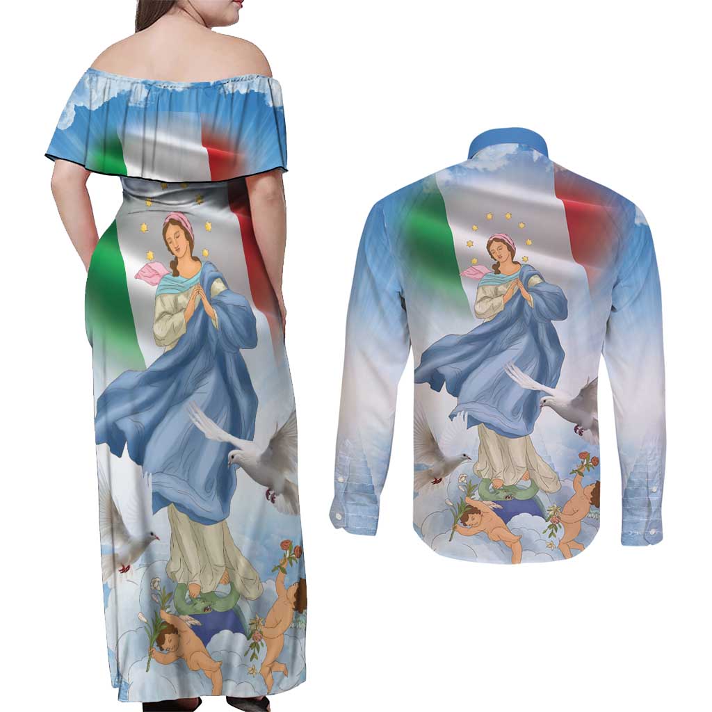 Italy Assumption Of Mary Couples Matching Off Shoulder Maxi Dress and Long Sleeve Button Shirt Blessed Virgin Mary Angel And Dove LT19