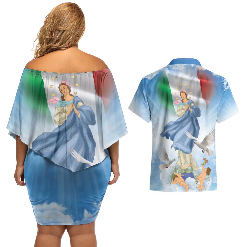 Italy Assumption Of Mary Couples Matching Off Shoulder Short Dress and Hawaiian Shirt Blessed Virgin Mary Angel And Dove LT19