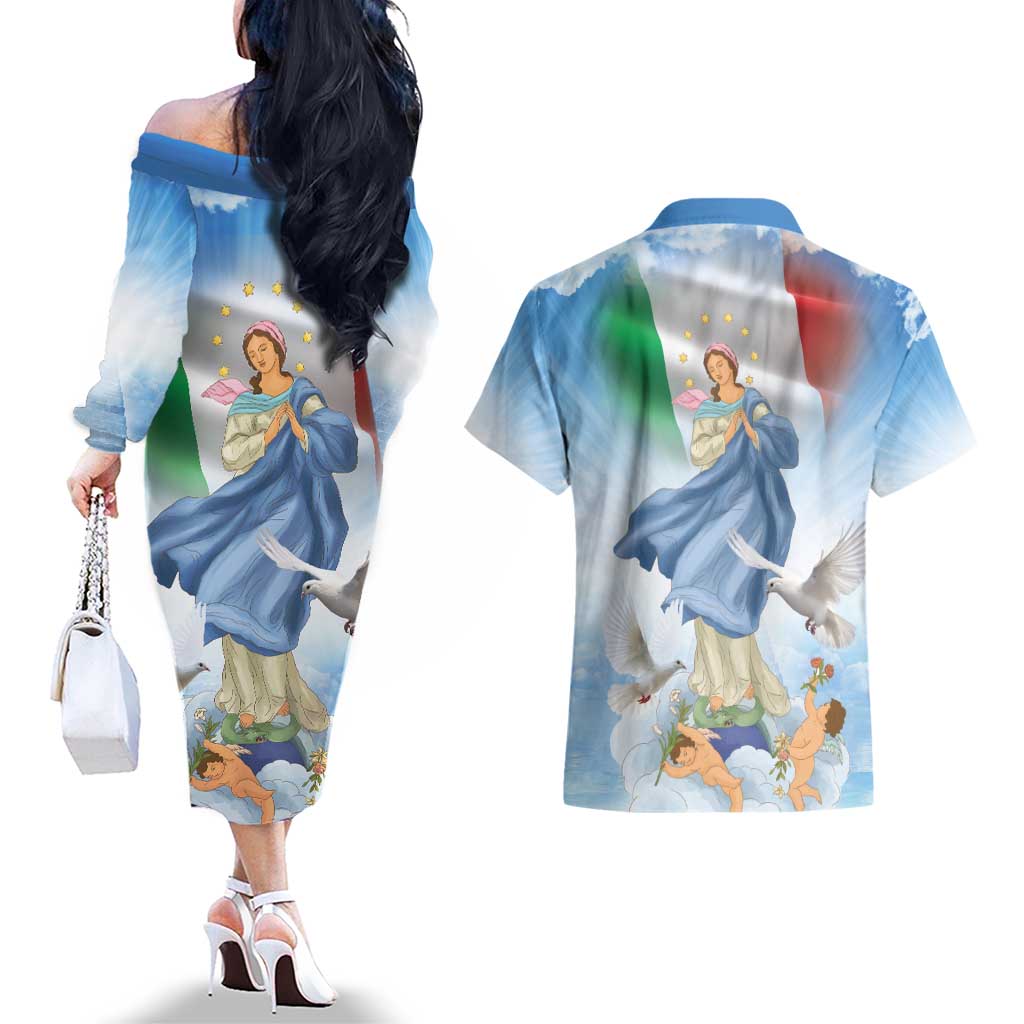 Italy Assumption Of Mary Couples Matching Off The Shoulder Long Sleeve Dress and Hawaiian Shirt Blessed Virgin Mary Angel And Dove LT19