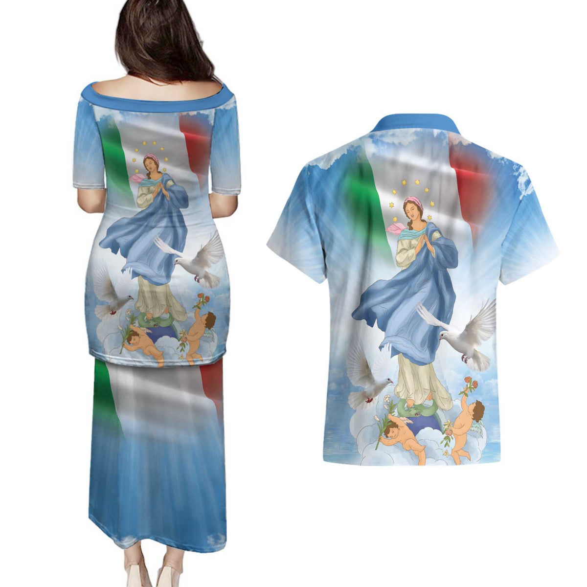 Italy Assumption Of Mary Couples Matching Puletasi and Hawaiian Shirt Blessed Virgin Mary Angel And Dove LT19