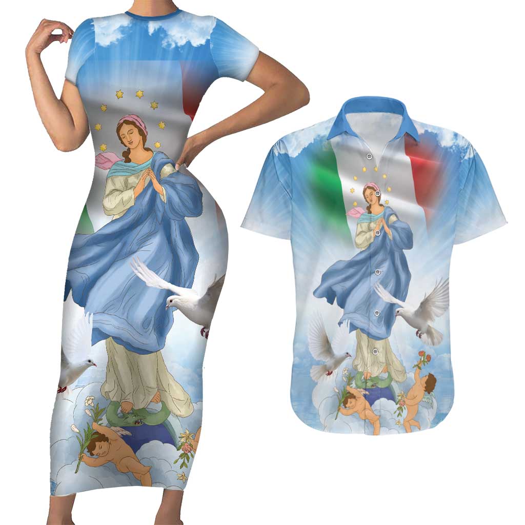 Italy Assumption Of Mary Couples Matching Short Sleeve Bodycon Dress and Hawaiian Shirt Blessed Virgin Mary Angel And Dove LT19