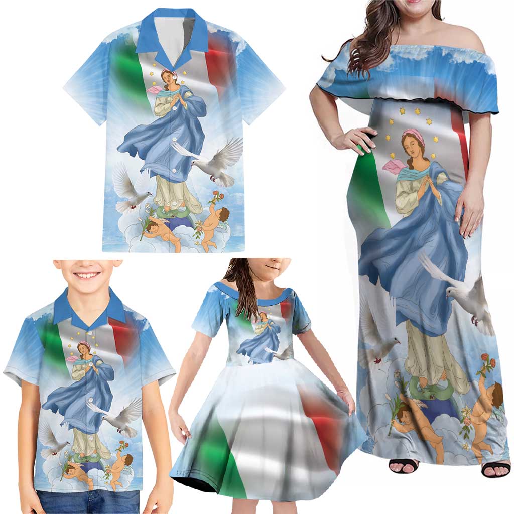 Italy Assumption Of Mary Family Matching Off Shoulder Maxi Dress and Hawaiian Shirt Blessed Virgin Mary Angel And Dove LT19