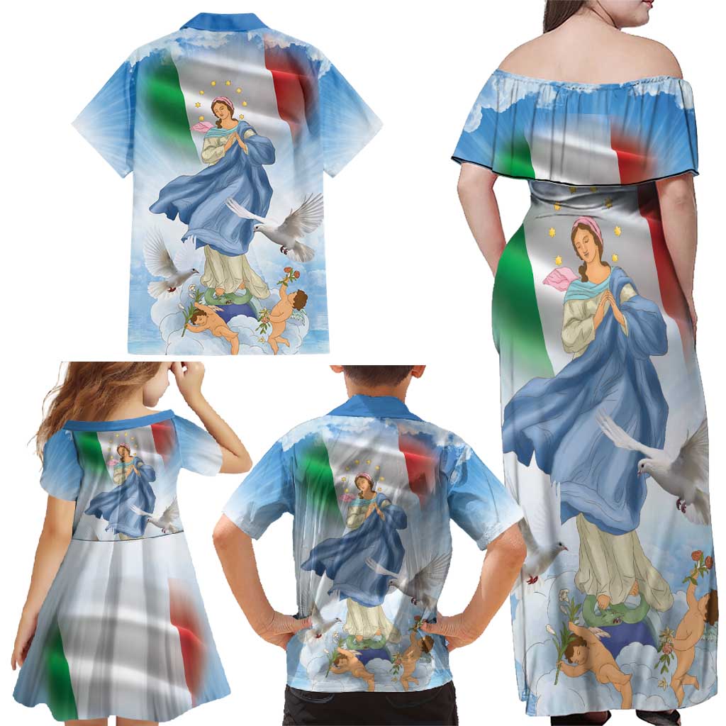 Italy Assumption Of Mary Family Matching Off Shoulder Maxi Dress and Hawaiian Shirt Blessed Virgin Mary Angel And Dove LT19