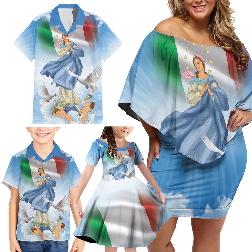 Italy Assumption Of Mary Family Matching Off Shoulder Short Dress and Hawaiian Shirt Blessed Virgin Mary Angel And Dove LT19