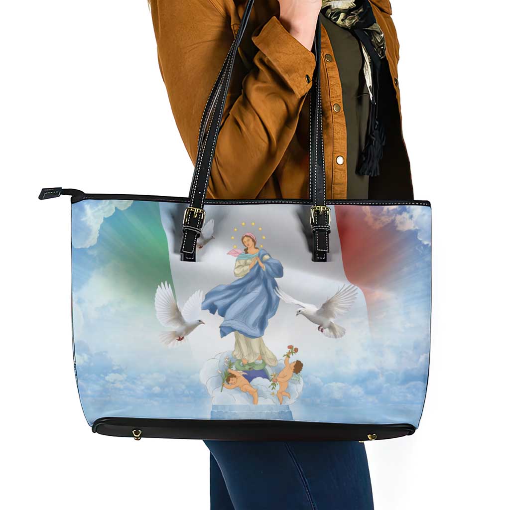 Italy Assumption Of Mary Leather Tote Bag Blessed Virgin Mary Angel And Dove - Wonder Print Shop