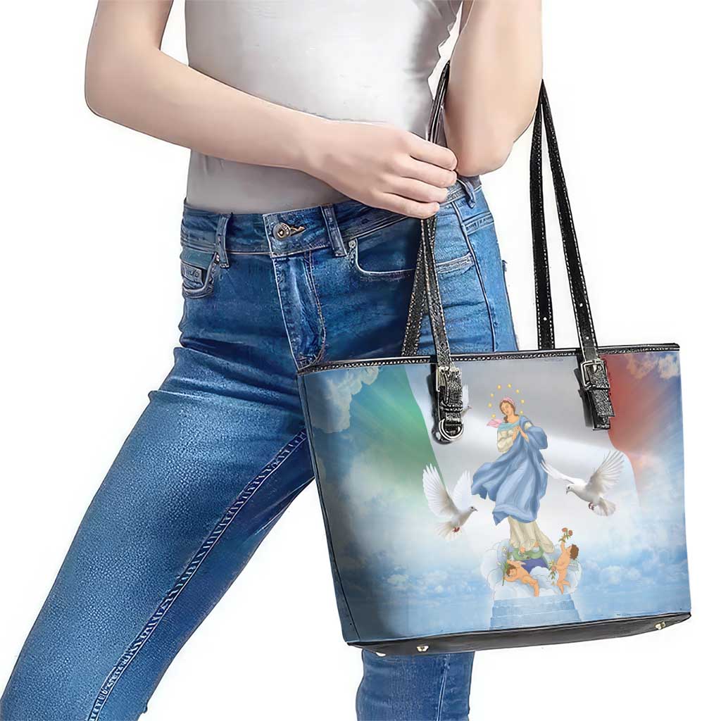 Italy Assumption Of Mary Leather Tote Bag Blessed Virgin Mary Angel And Dove - Wonder Print Shop