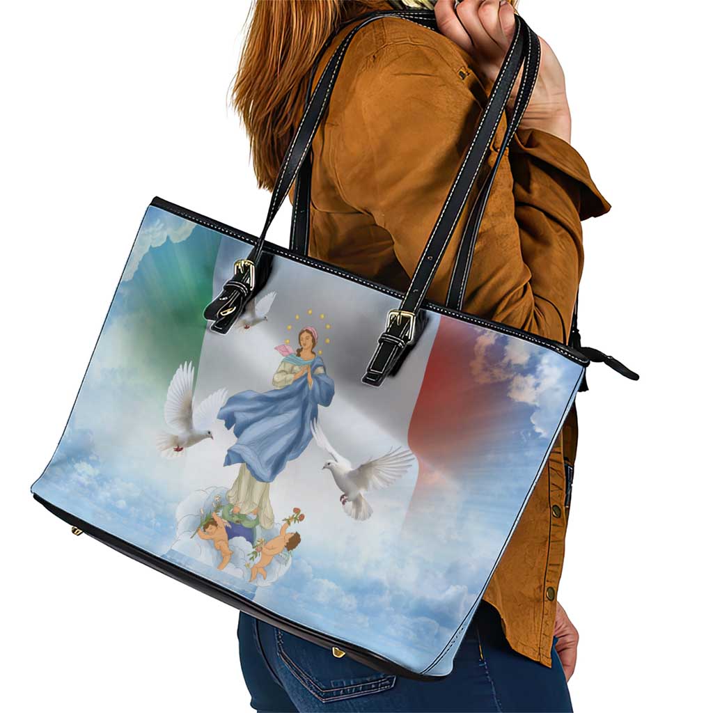 Italy Assumption Of Mary Leather Tote Bag Blessed Virgin Mary Angel And Dove - Wonder Print Shop