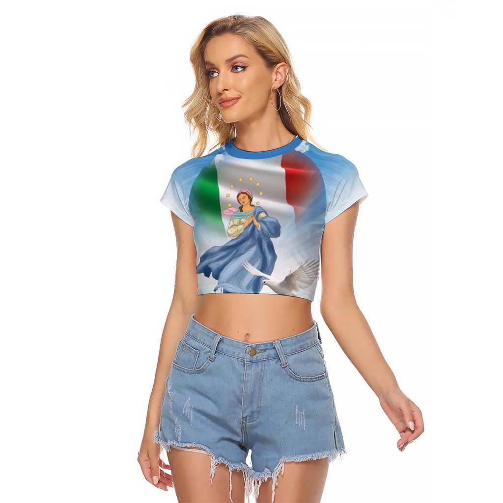 Italy Assumption Of Mary Raglan Cropped T Shirt Blessed Virgin Mary Angel And Dove LT19