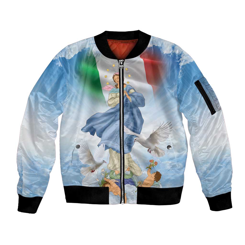 Italy Assumption Of Mary Sleeve Zip Bomber Jacket Blessed Virgin Mary Angel And Dove LT19