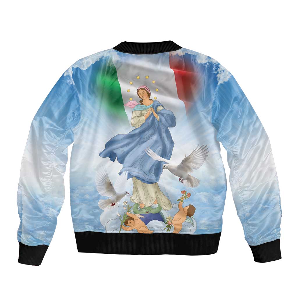 Italy Assumption Of Mary Sleeve Zip Bomber Jacket Blessed Virgin Mary Angel And Dove LT19