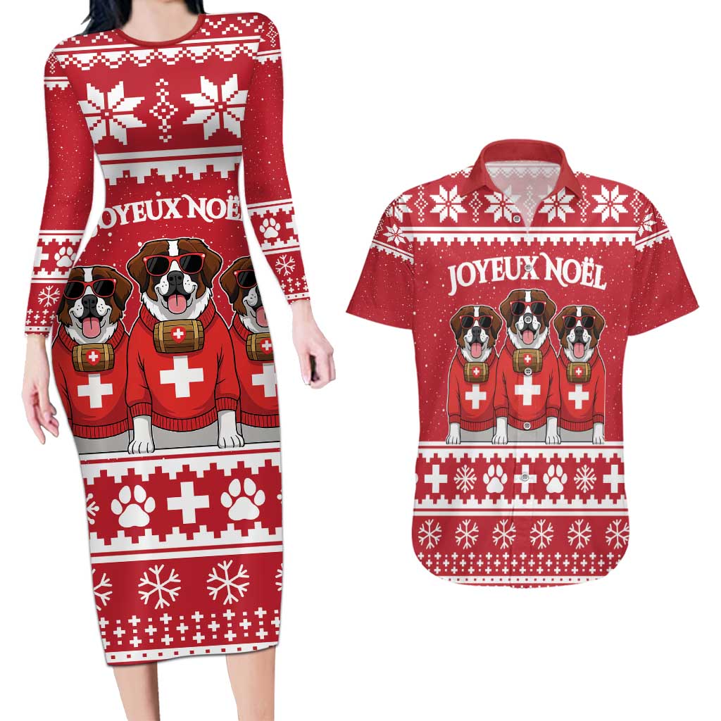 Saint Bernard Dog Switzerland Christmas Couples Matching Long Sleeve Bodycon Dress and Hawaiian Shirt - Wonder Print Shop