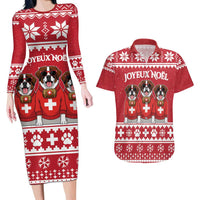 Saint Bernard Dog Switzerland Christmas Couples Matching Long Sleeve Bodycon Dress and Hawaiian Shirt - Wonder Print Shop