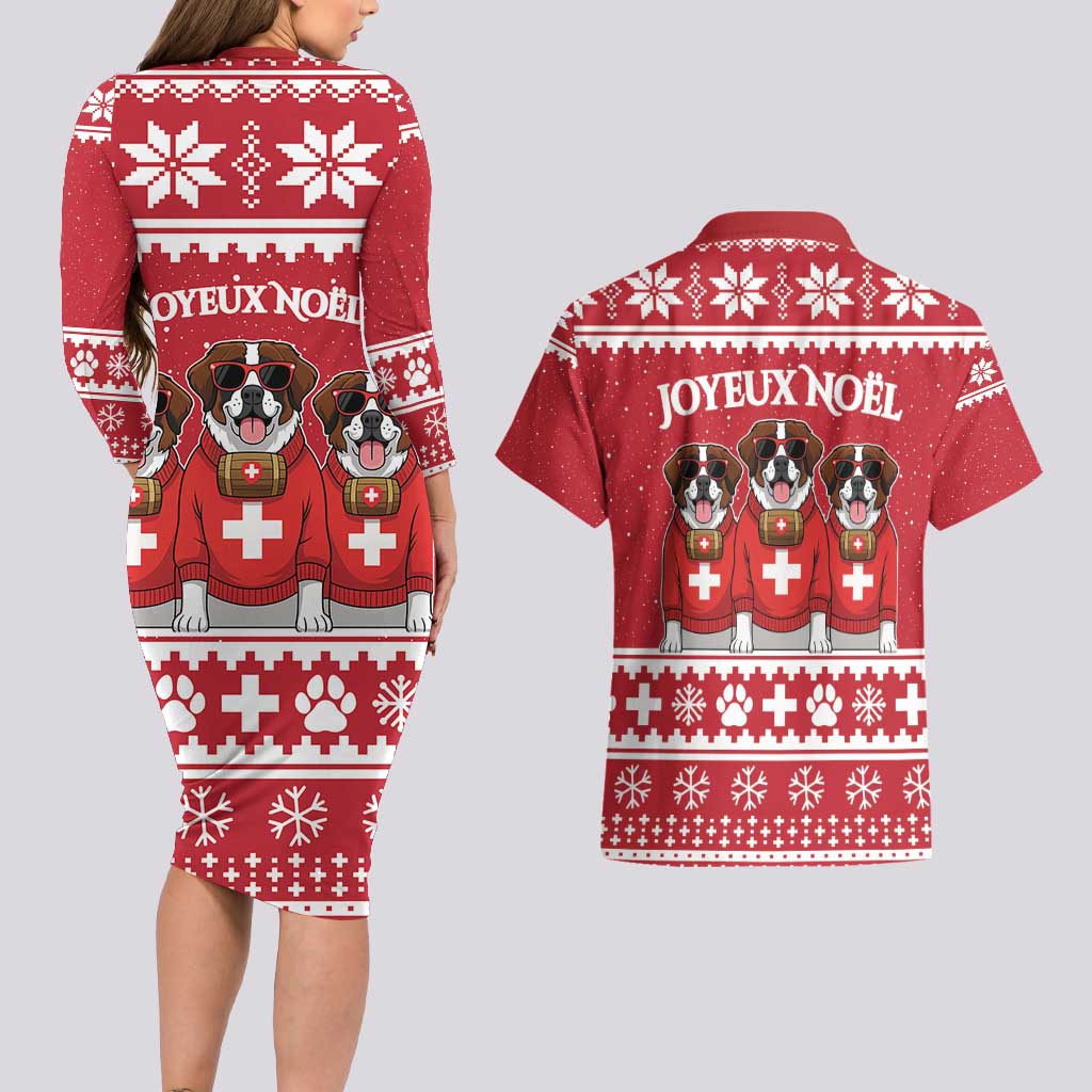 Saint Bernard Dog Switzerland Christmas Couples Matching Long Sleeve Bodycon Dress and Hawaiian Shirt - Wonder Print Shop