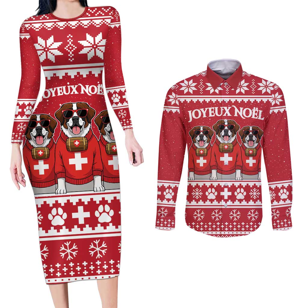 Saint Bernard Dog Switzerland Christmas Couples Matching Long Sleeve Bodycon Dress and Long Sleeve Button Shirt - Wonder Print Shop