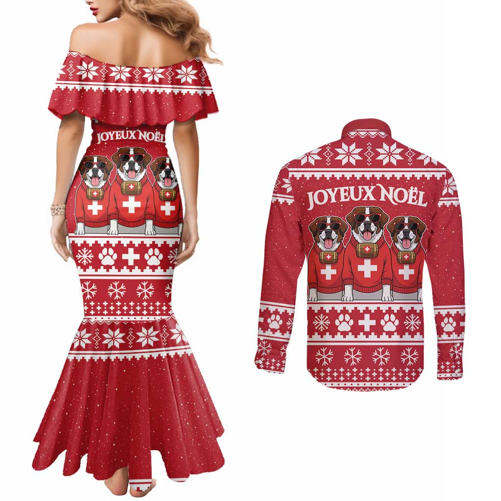 Saint Bernard Dog Switzerland Christmas Couples Matching Mermaid Dress and Long Sleeve Button Shirt - Wonder Print Shop