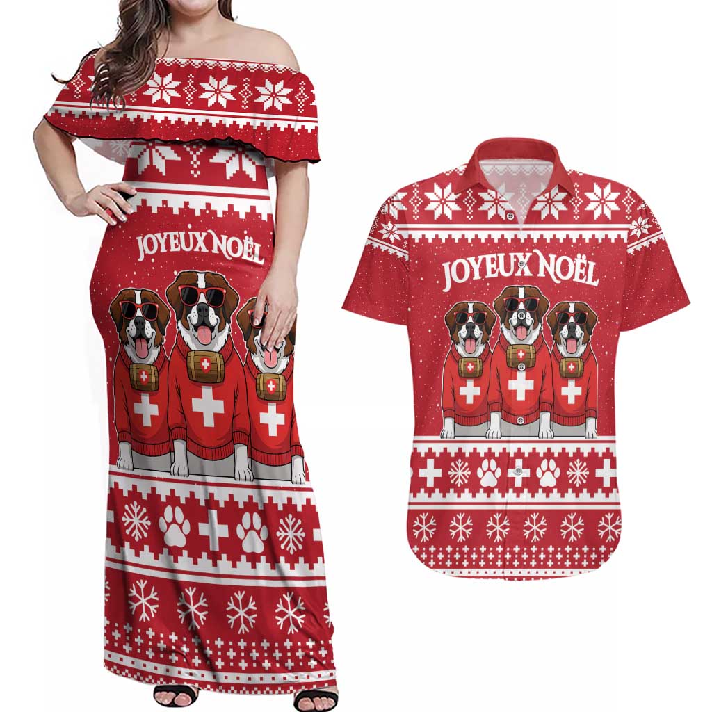 Saint Bernard Dog Switzerland Christmas Couples Matching Off Shoulder Maxi Dress and Hawaiian Shirt - Wonder Print Shop