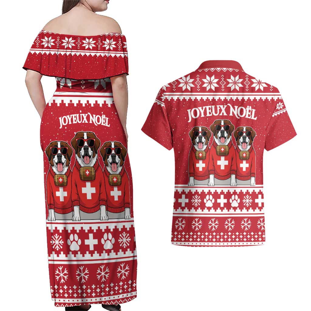 Saint Bernard Dog Switzerland Christmas Couples Matching Off Shoulder Maxi Dress and Hawaiian Shirt - Wonder Print Shop