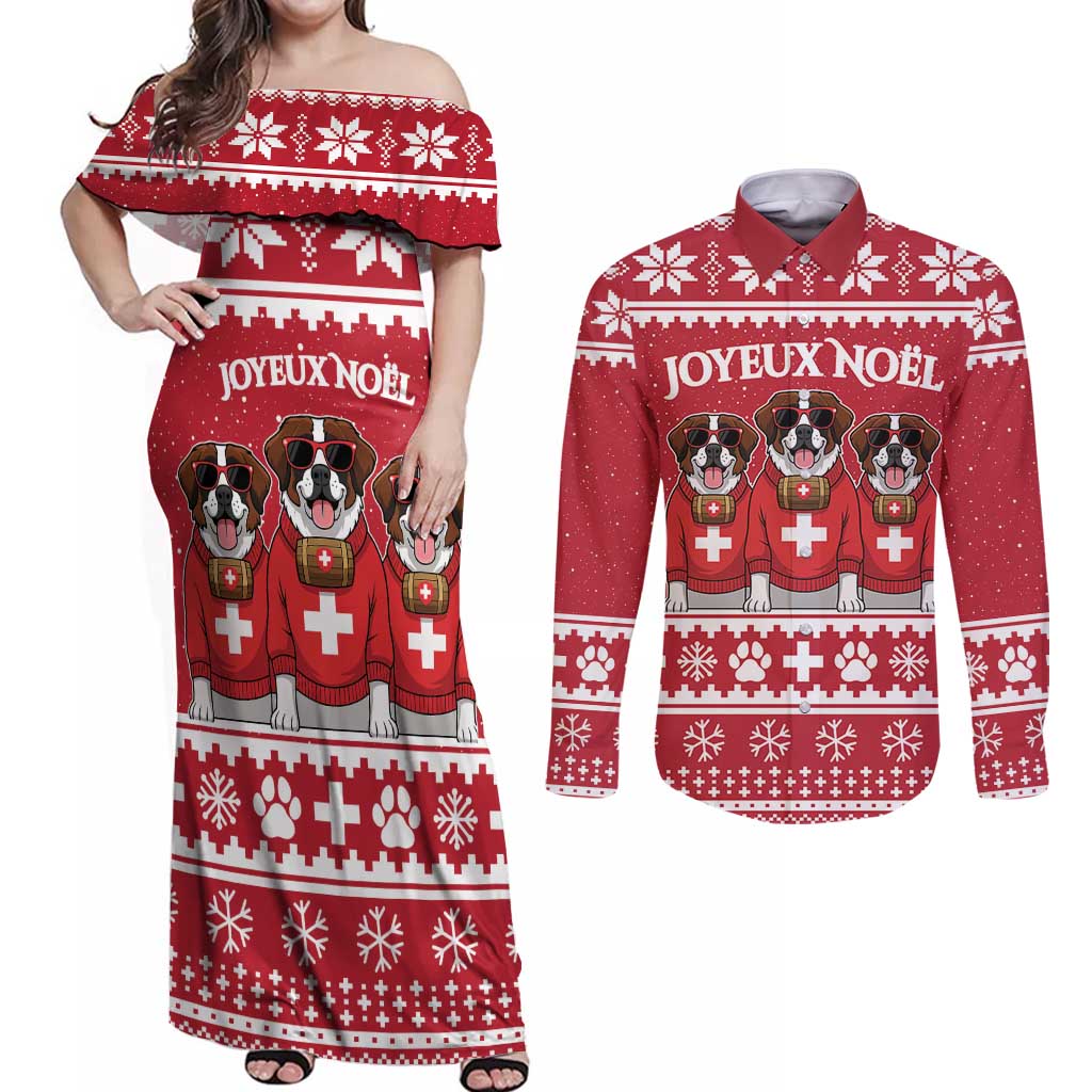 Saint Bernard Dog Switzerland Christmas Couples Matching Off Shoulder Maxi Dress and Long Sleeve Button Shirt - Wonder Print Shop