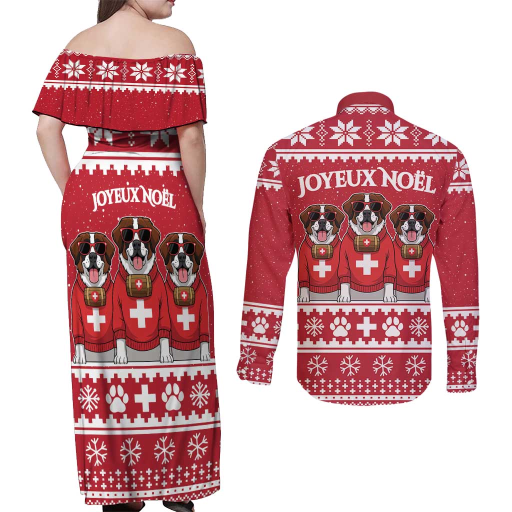 Saint Bernard Dog Switzerland Christmas Couples Matching Off Shoulder Maxi Dress and Long Sleeve Button Shirt - Wonder Print Shop