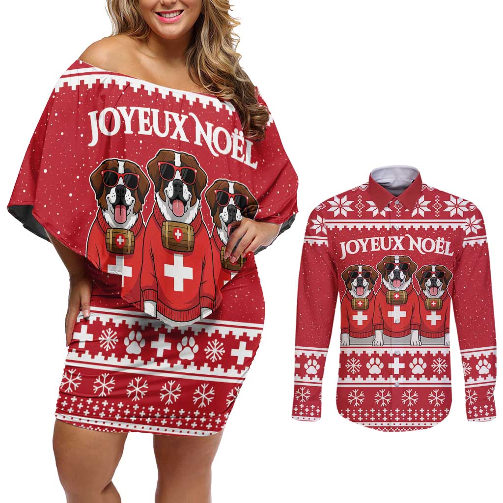 Saint Bernard Dog Switzerland Christmas Couples Matching Off Shoulder Short Dress and Long Sleeve Button Shirt - Wonder Print Shop