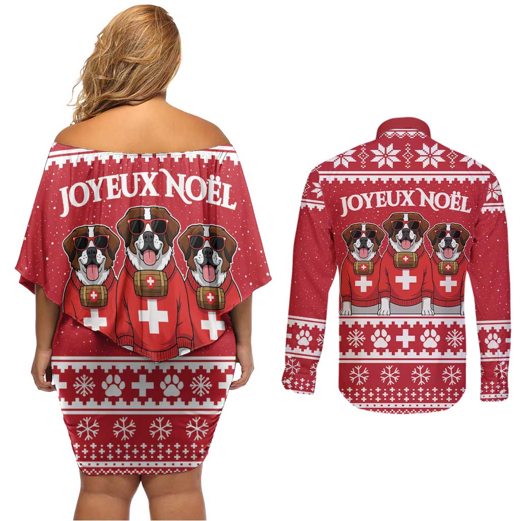 Saint Bernard Dog Switzerland Christmas Couples Matching Off Shoulder Short Dress and Long Sleeve Button Shirt - Wonder Print Shop
