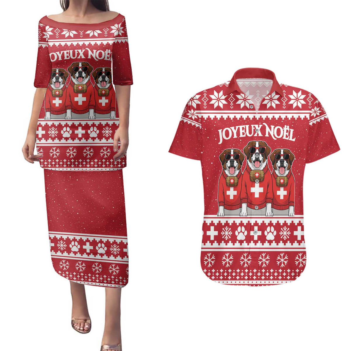 Saint Bernard Dog Switzerland Christmas Couples Matching Puletasi and Hawaiian Shirt - Wonder Print Shop