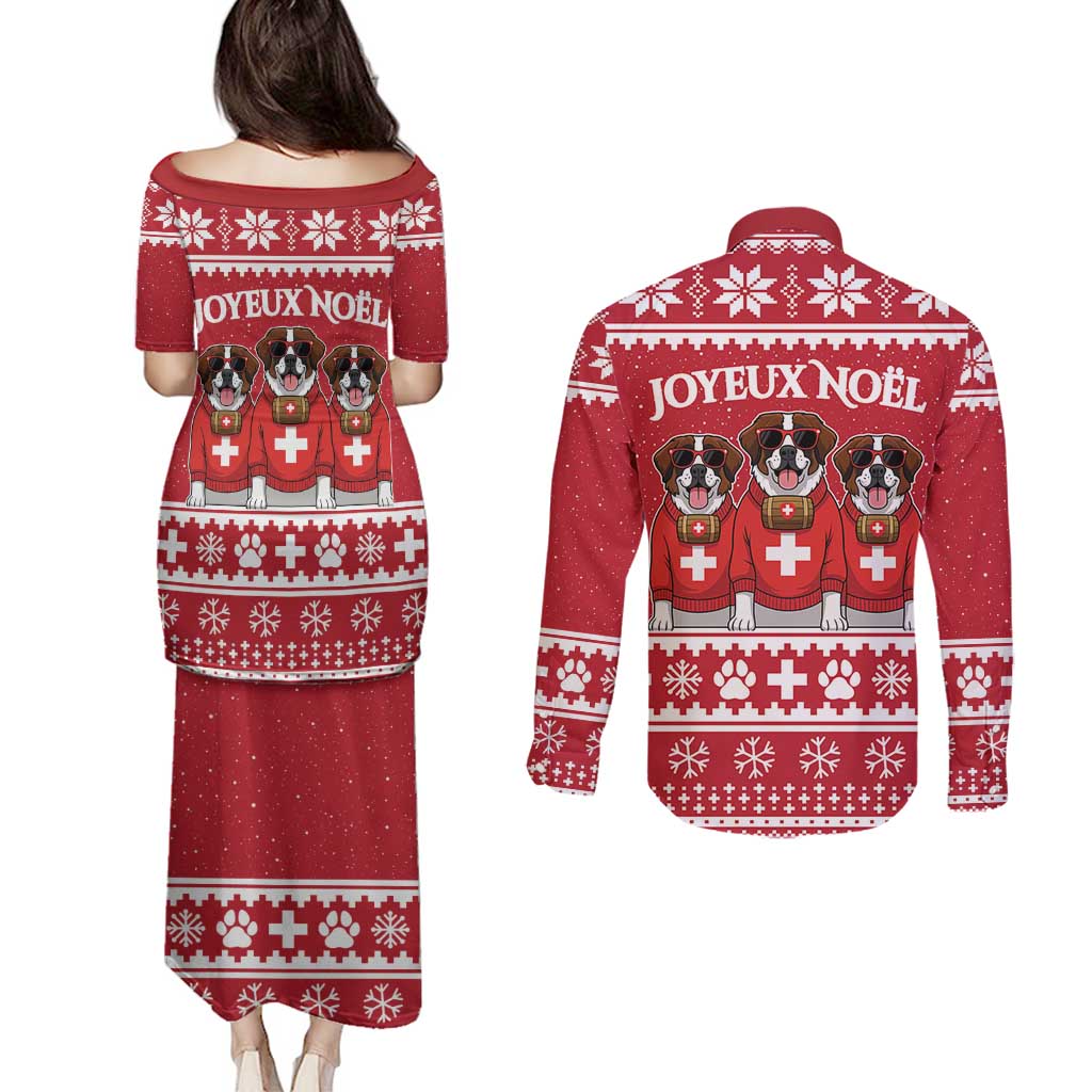 Saint Bernard Dog Switzerland Christmas Couples Matching Puletasi and Long Sleeve Button Shirt - Wonder Print Shop