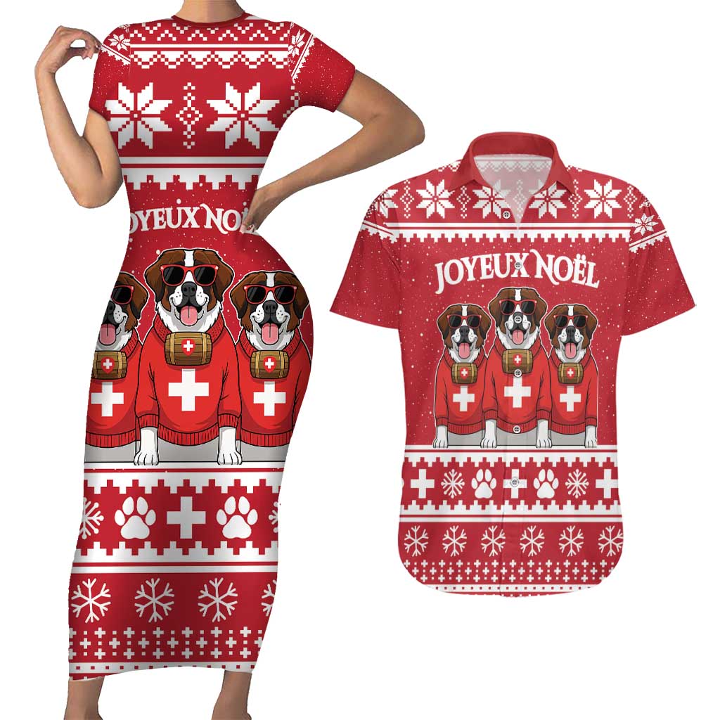 Saint Bernard Dog Switzerland Christmas Couples Matching Short Sleeve Bodycon Dress and Hawaiian Shirt - Wonder Print Shop