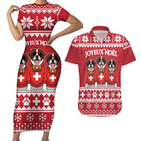 Saint Bernard Dog Switzerland Christmas Couples Matching Short Sleeve Bodycon Dress and Hawaiian Shirt - Wonder Print Shop