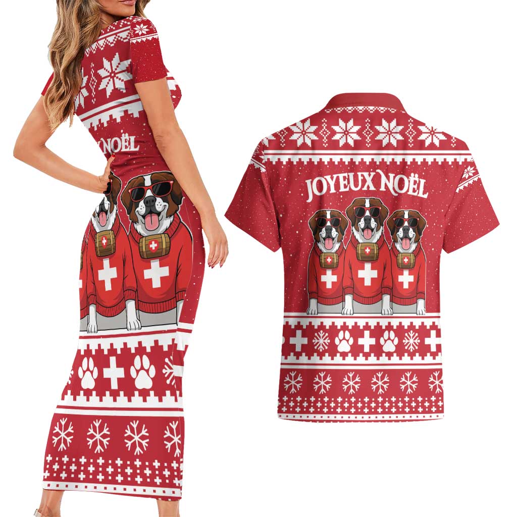 Saint Bernard Dog Switzerland Christmas Couples Matching Short Sleeve Bodycon Dress and Hawaiian Shirt - Wonder Print Shop